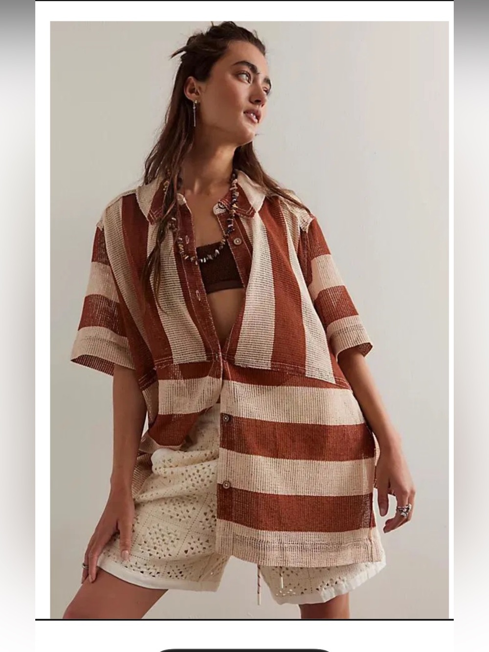 Free People We The Free Del Mar Cabana Shirt NWOT Brown Cream Open Knit Small